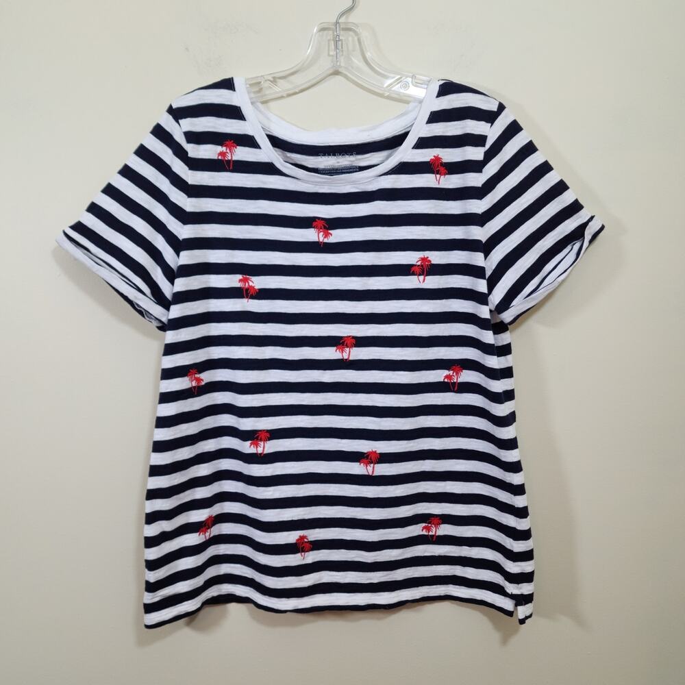 Talbots striped red palm tree embroidered front rolled short sleeve woman size M